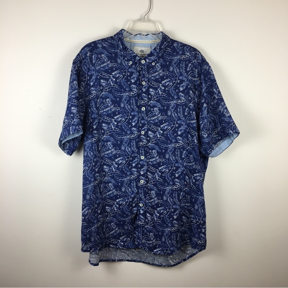 Report Collection Hawaiian Shirt 100% Linen Blue White Floral Leaf Men’s Size XL